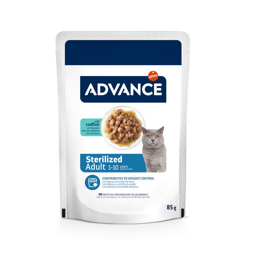 48 saquetas x 85 g Advance Sterilized Adult Bacalhau saquetas para gatos Pack poupança!