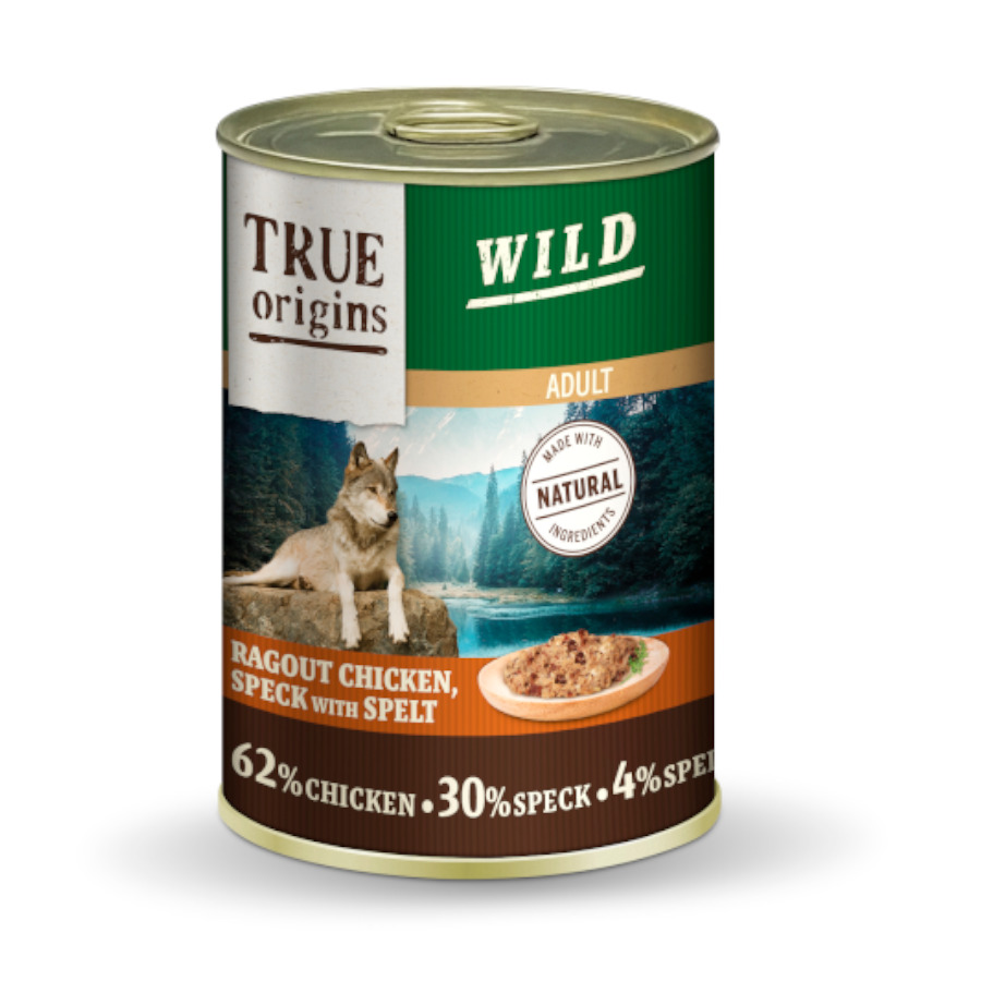 9.6 kg True Origins Wild Adult Cubos de Frango com Speck e Espelta em lata para cães