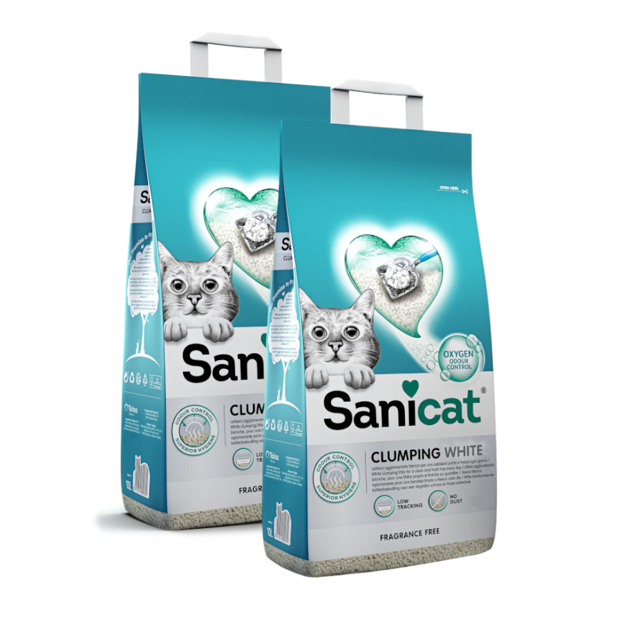 2 x 20 L Sanicat Clumping White Areia Aglomerante Branca para gatos Pack poupança!