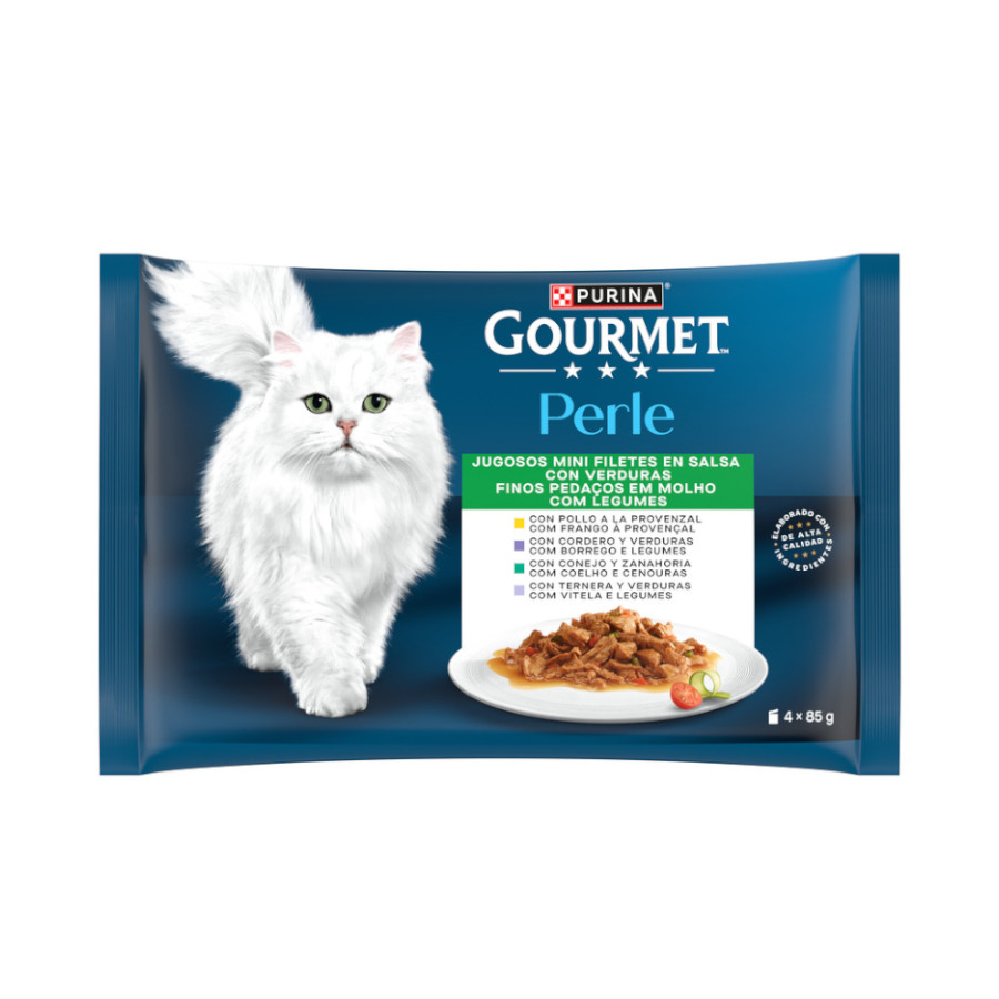 4 saquetas x 85 g Gourmet Perle Filetes de Carne com Legumes em molho saquetas para gatos – Multipack 4