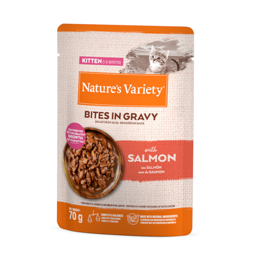 0.07 KG 70 g Nature’s Variety Kitten Bocaditos de Salmon Sobre en Salsa para gatos