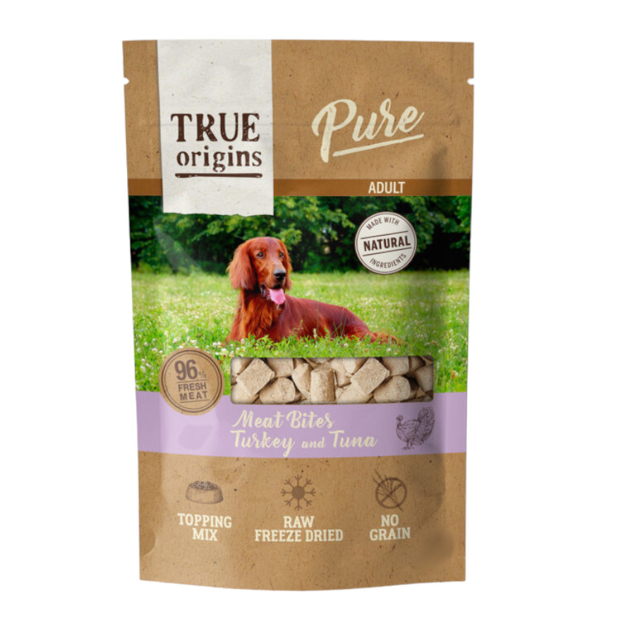 2 pacotes x 40 g True Origins Snacks Pure Adult Freeze Dried Peru e Atum para cães Pack poupança!