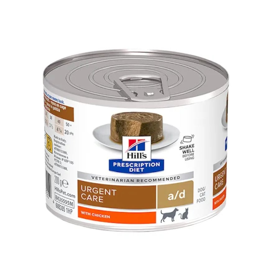 9.6 kg Hill’s Prescription Diet Urgent Care a/d Mousse de Frango lata para cães e gatos