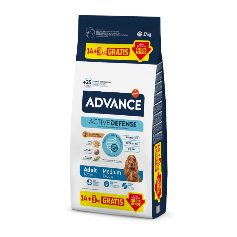 17 KG 17 kg (14 + 3 grátis!) Advance Active Defense Medium Adult Frango e Arroz ração para cães