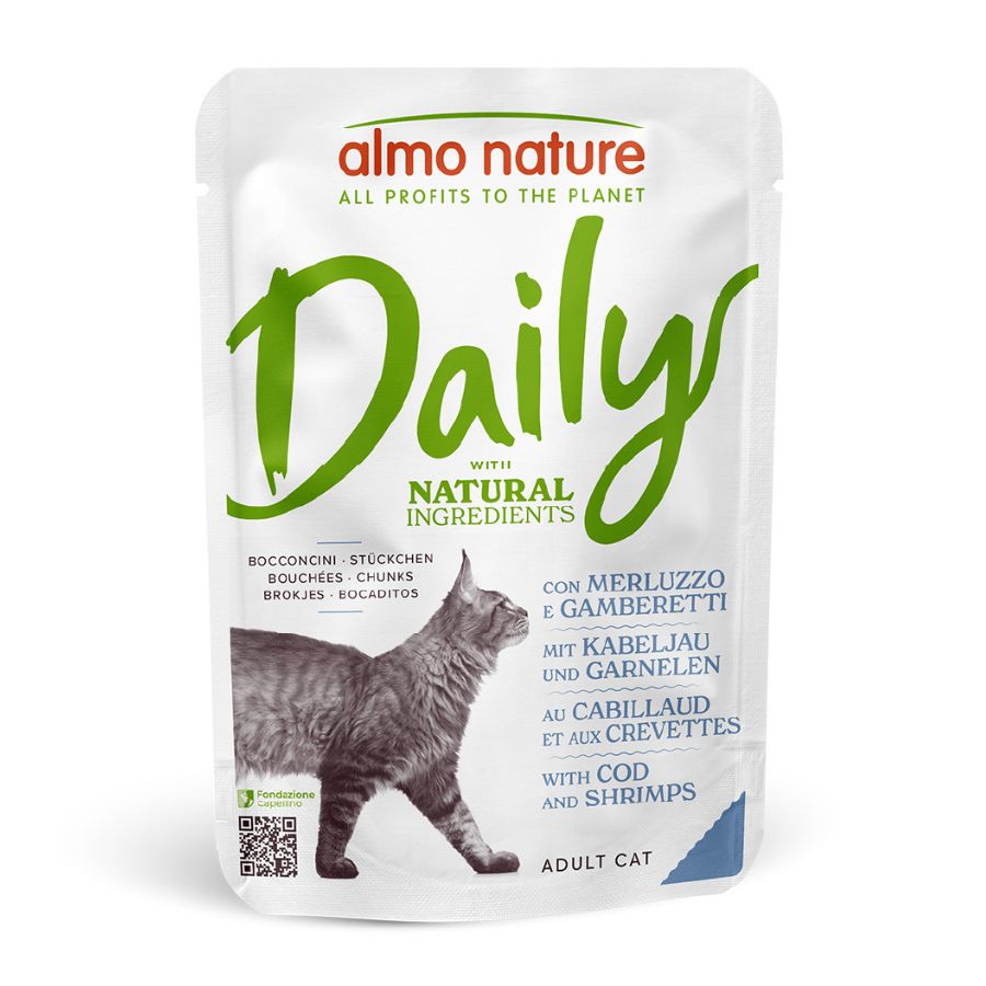 48 saquetas x 70 g Almo Nature Daily bacalhau e camarão saqueta para gatos Pack poupança!