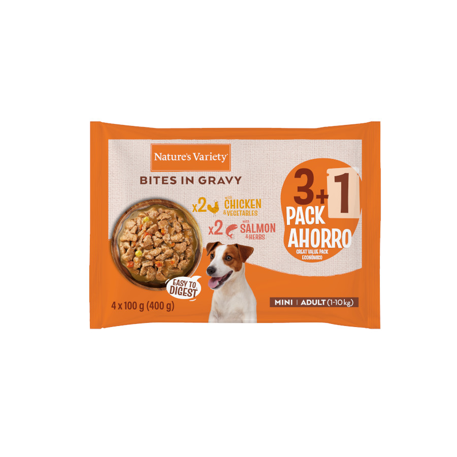 0.4 KG 4 x 100 gr Nature's Variety Bocaditos Pollo y Salmón Sobre en Salsa para perros adultos mini