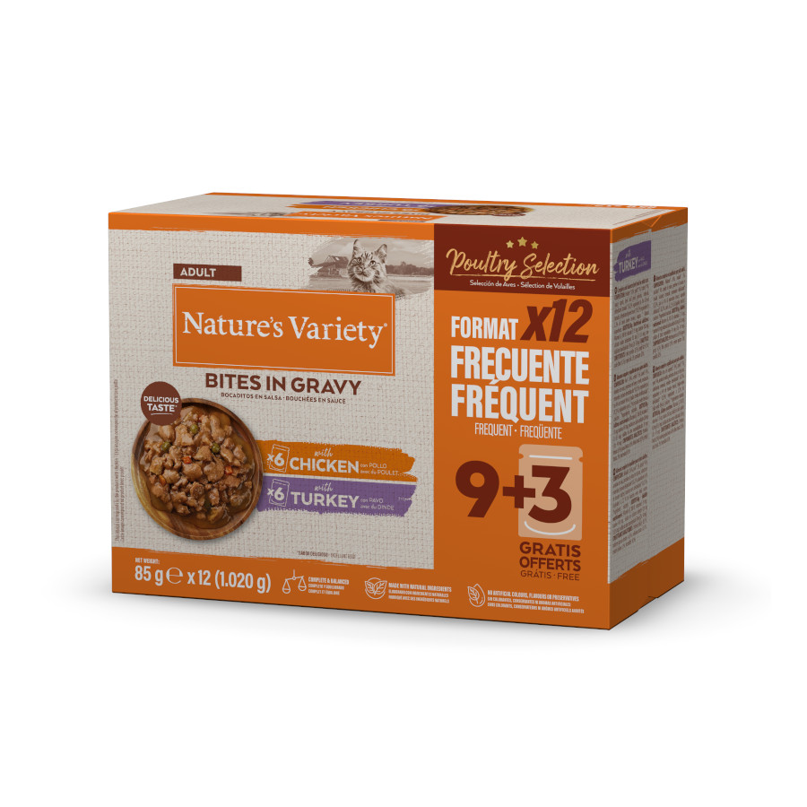 1.02 KG 12 sobres x 85 g Nature’s Variety Bocaditos de Pollo o Pavo Sobre en Salsa para gatos adultos