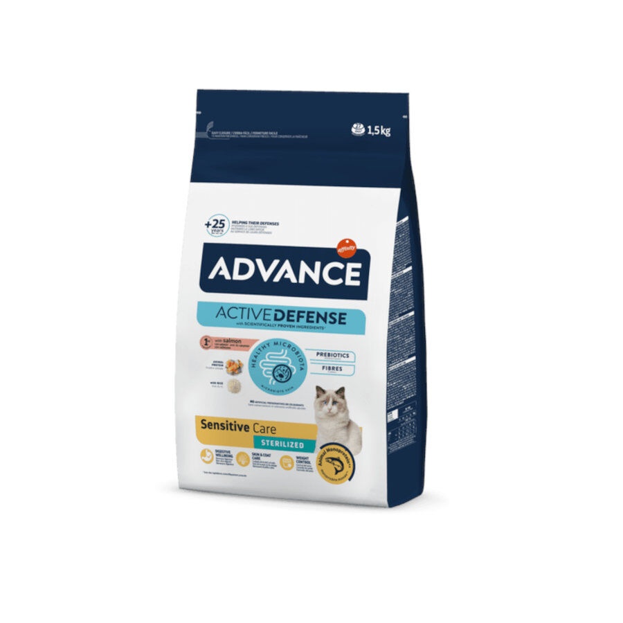 1.5 kg Advance Active Defense Sensitive Sterilized Salmão e Cevada ração para gatos
