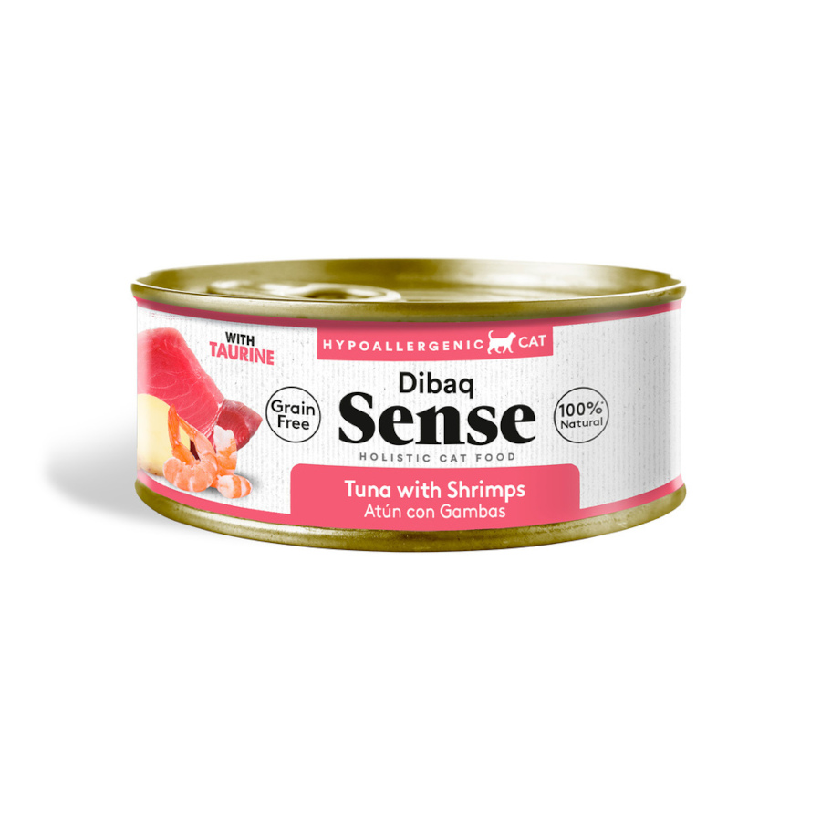0.07 KG Lata de atum e camarão adulto sem grãos esterilizados Dibaq Sense para gatos