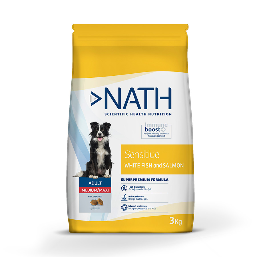 3 KG Nath Adult Medium / Maxi Sensitive Peixe Branco e Salmão ração para cães