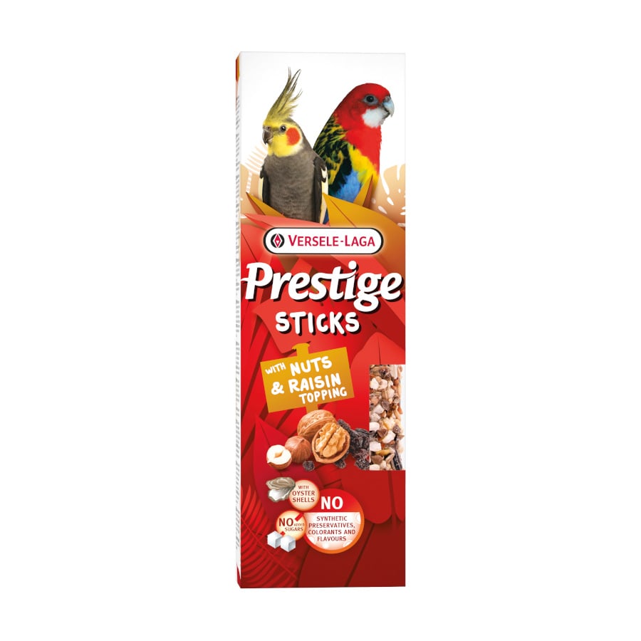 0.14 KG Versele-Laga Prestige Sticks com cobertura de nozes e passas para periquitos grandes
