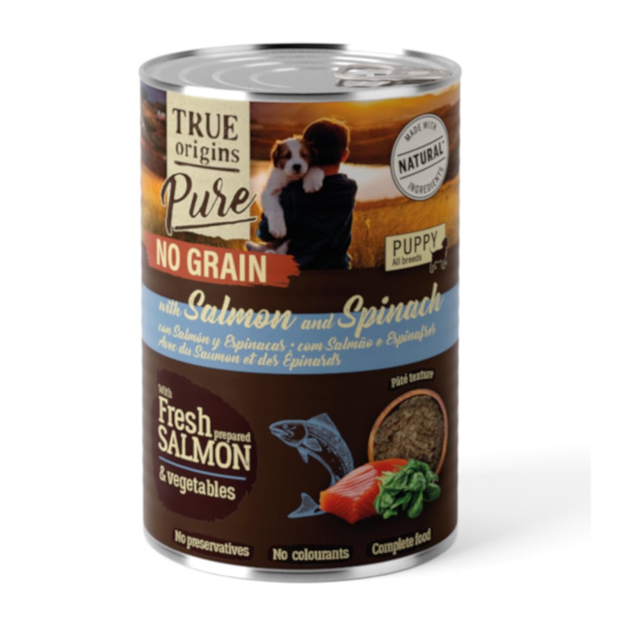 0.4 KG 400 g True Origins Pure com Salmão lata para cachorros