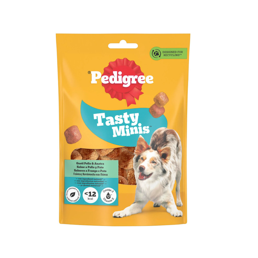 4 pacotes x 130 g Pedigree Tasty Mini Snacks Sabor Frango e Pato para Cães Pack poupança!