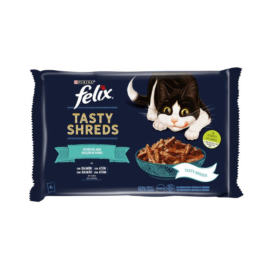 0.32 KG 4 sobres x 80 g Felix Tasty Shreds Festín del Mar Filetes en Salsa sobre para gatos