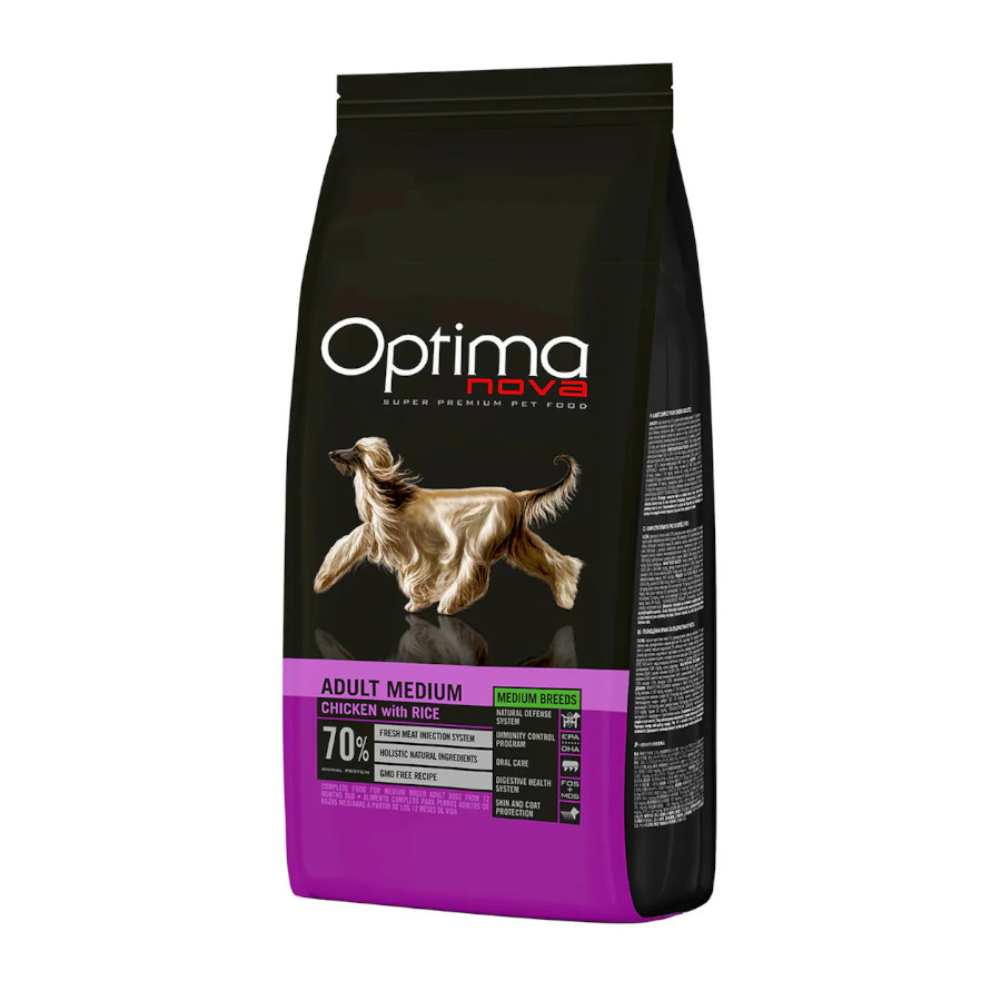 12 KG Optima Nova Adult Medium Frango e Arroz ração para cães