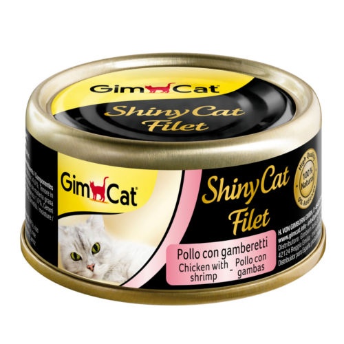 0.07 KG Gimcat Shiny Filet frango com camarões lata para gatos