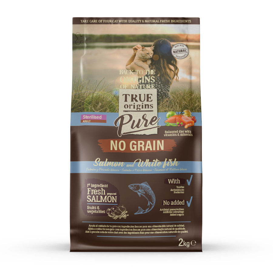 2 kg True Origins Pure Adult Sterilised Salmão Grain Free ração para gatos