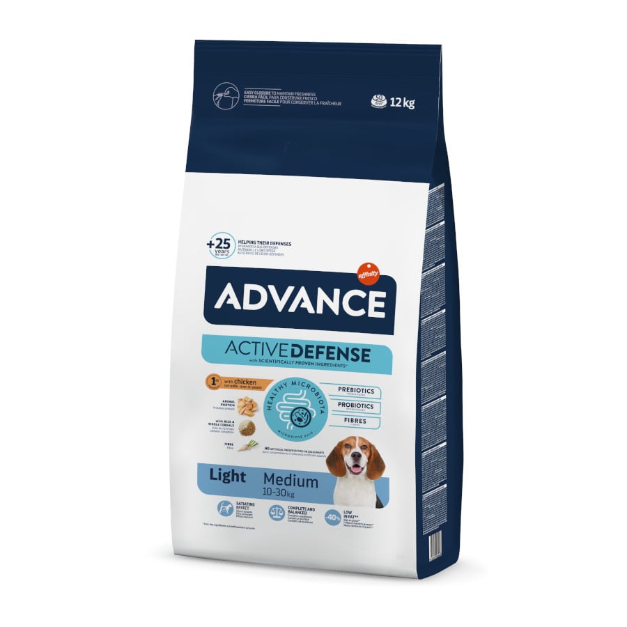 12 kg Advance Active Defense Medium Light Frango e Arroz ração para cães