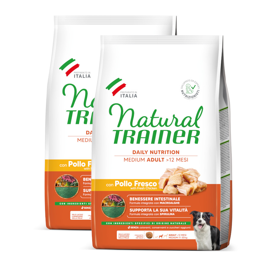2 x 12 kg Natural Trainer Adult Medium Frango ração para cães Pack poupança!