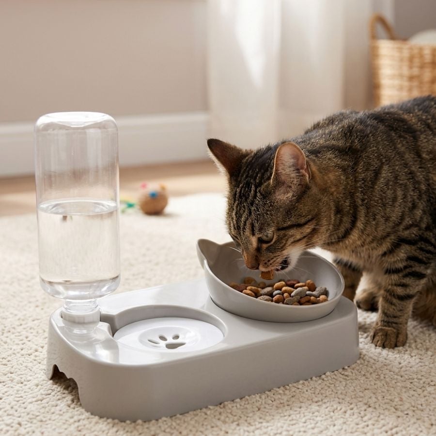 Leeby Comedouro e Dispensador de Água 2 em 1 Cinzento e Branco para gatos