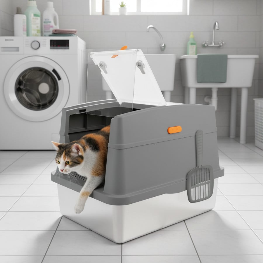 All For Paws Go Fresh Caixa de Areia com tampoa em aço inoxidável cinzenta para gatos