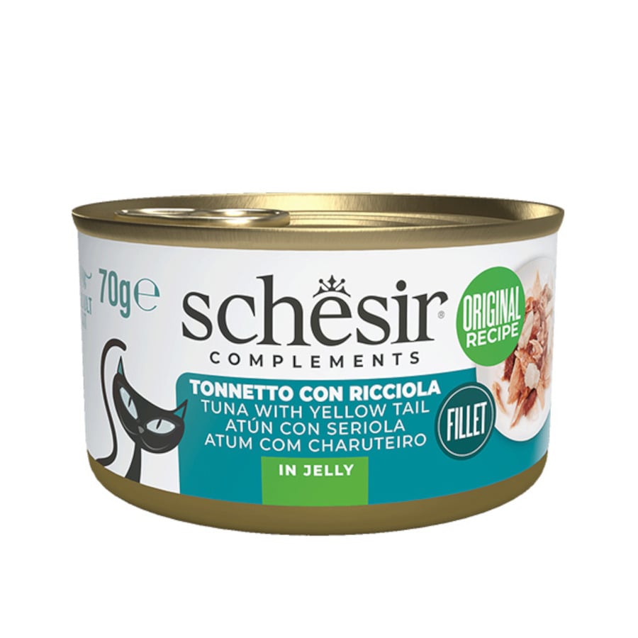 12 latas x 70 g Schesir Atum com Seriola em lata de gelatina para gatos Pack Poupança!