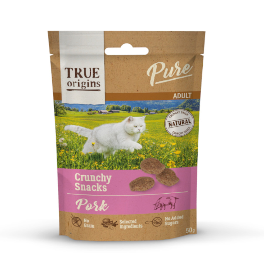 4 pacotes x 50 g True Origins Pure Snacks Adult Crunchy de Porco para gatos Pack poupança!