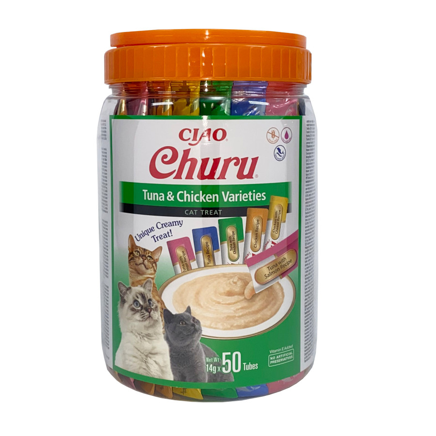 50 saquetas x 14 g Churu Snack Cremoso Variedades de Atum e Frango para gatos