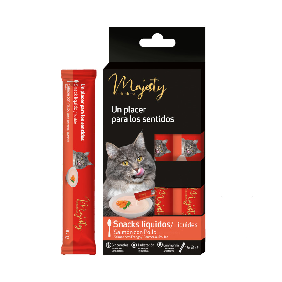 0.09 KG 6 saquetas x 15 g Majesty Salmão com Frango snack líquido para gatos