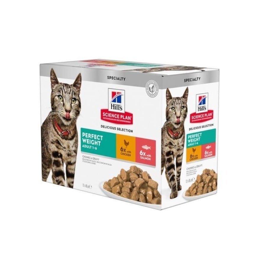 48 saquetas x 85 g Hill’s Perfect Weight Salmão e Frango saqueta para gatos - Multipack 12 Pack poupança!