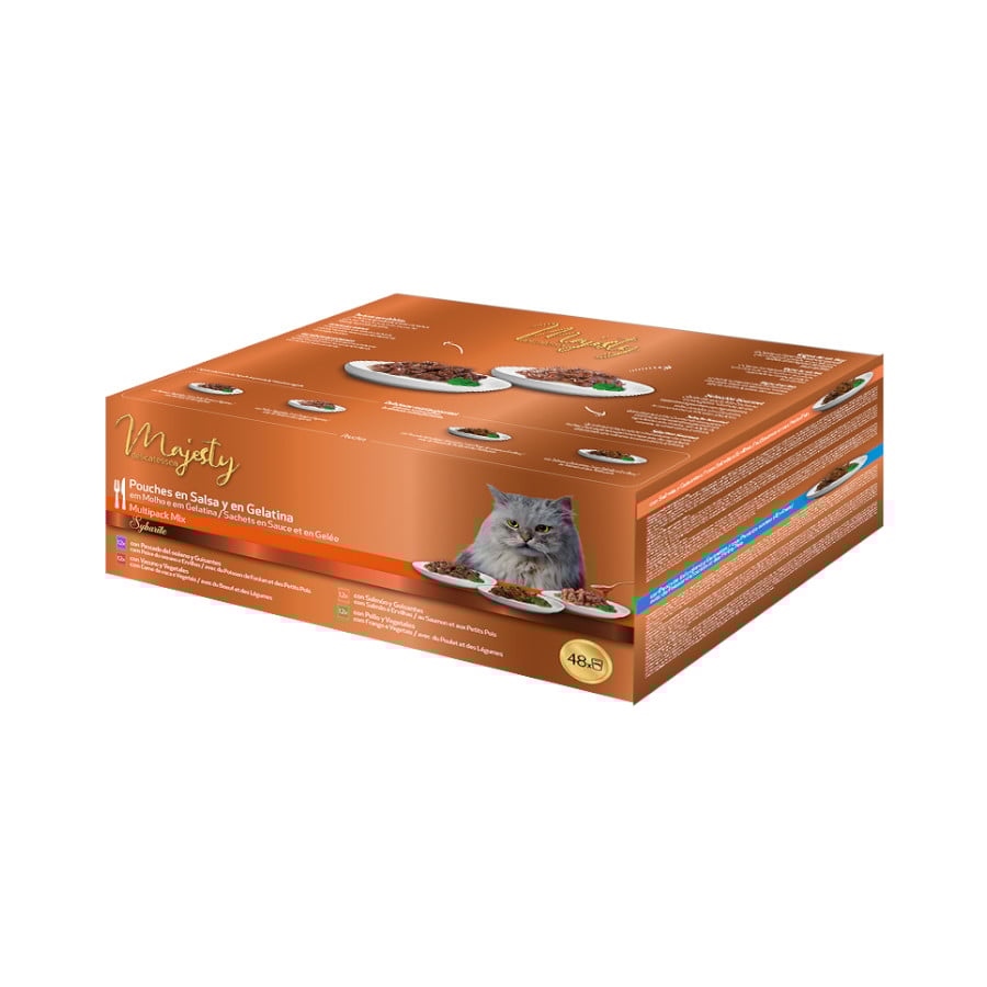 48 saquetas x 100 g Majesty Multipack Comida húmida de peixe e carne em saquetas para gatos