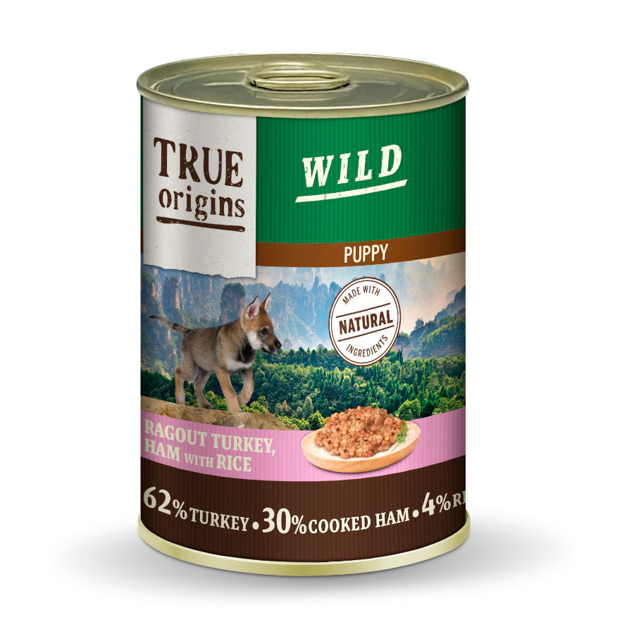 4.8 kg True Origins Wild Puppy Peru e fiambre cozinhados com arroz em lata para cachorros