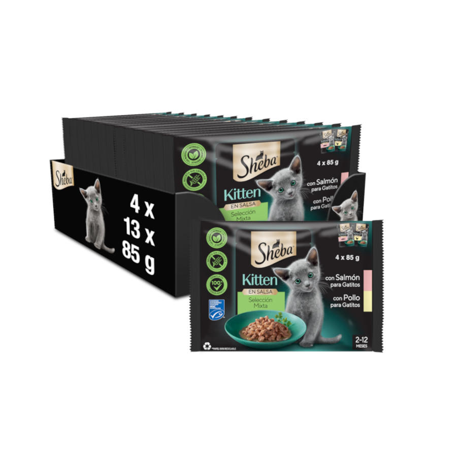 0.34 KG 4 saquetas x 85 g Sheba Kitten Sachê de Frango e Salmão em Molho para Gatos