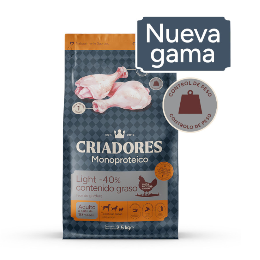2 x 10 kg Criadores Monoproteico Light -40% conteúdo gordo Adulto com Frango Ração para cães Pack Poupança!
