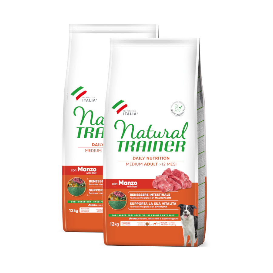 2 x 12 kg Natural Trainer Adult Medium Terneira ração para cães Pack poupança!
