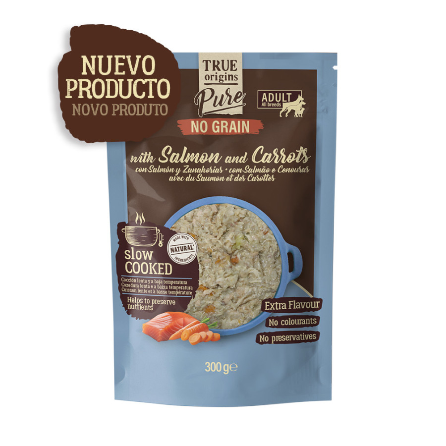 12 saquetas x 300 g True Origins Pure Gently Coocked Comida húmida de salmão e cenoura em saqueta para cães Pack poupança!