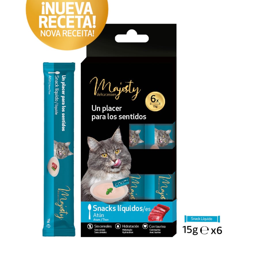 144 saquetas x 15 g Majesty Snack Líquido de Atum para gatos Pack poupança!