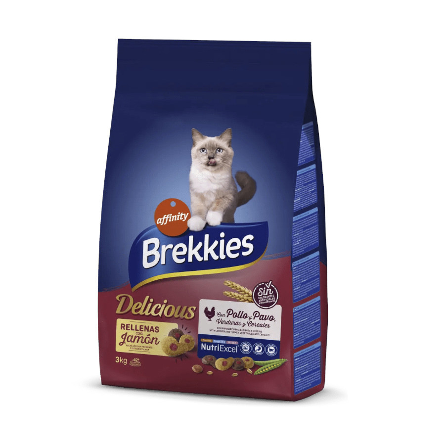 3 KG 3 kg Brekkies Delicious Frango e Perú ração para gatos