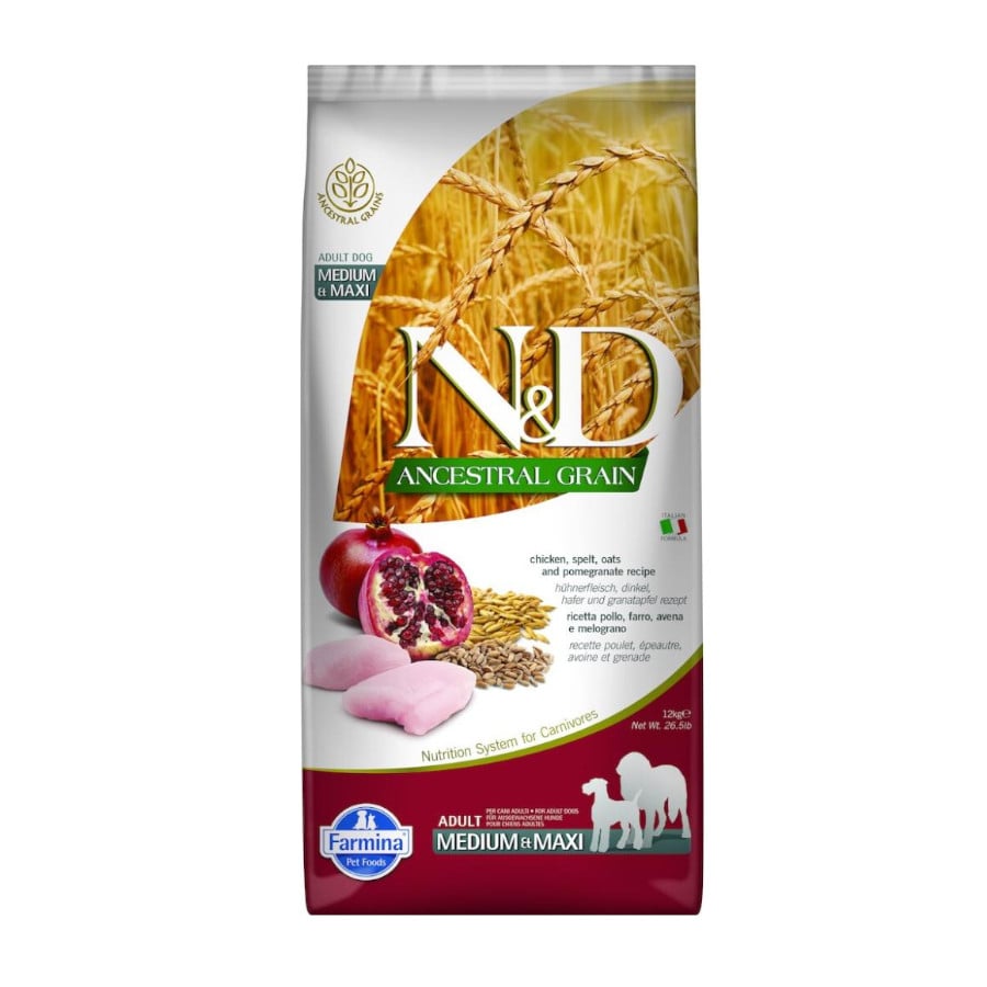 12 kg Farmina N&D Ancestral Grain AdultoFrango e romã ração para cães