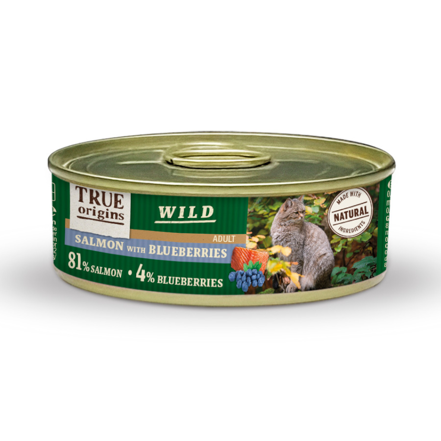 12 latas x 85 g True Origins Wild Adult Salmão e Mirtilos em Lata para Gatos Pack poupança!