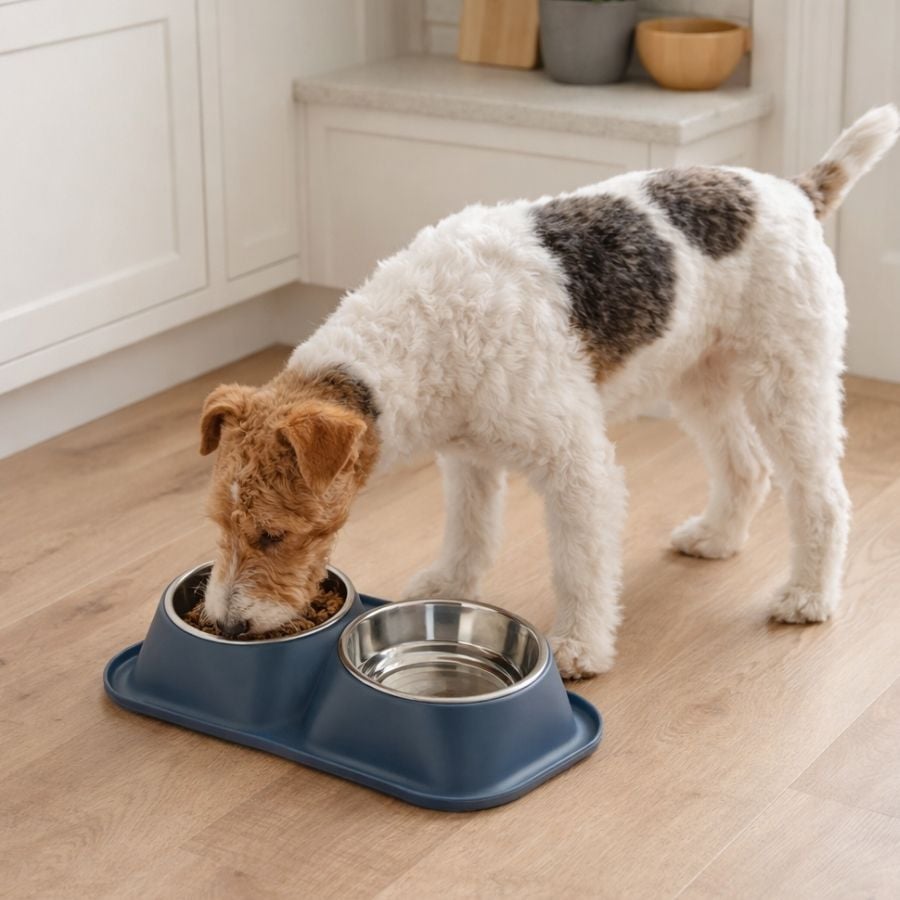 Leeby Comedouro Duplo de Metal Azul para cães