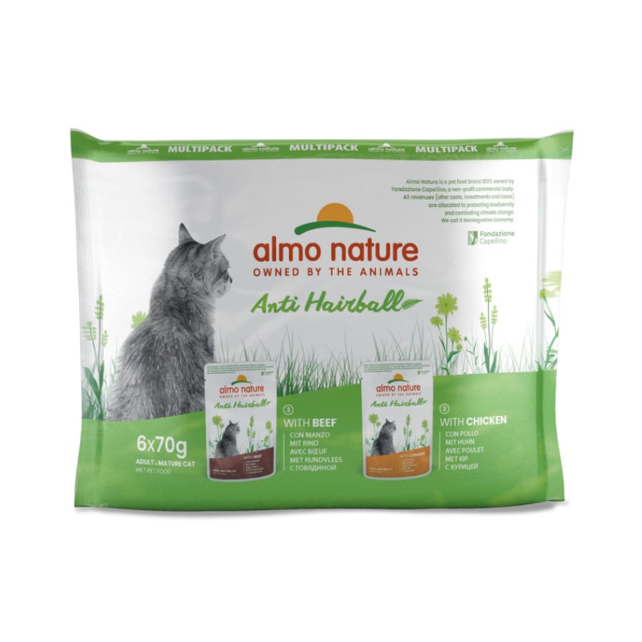 0.45 KG Almo Nature Anti Hairball Carne de Vaca e Frango saquetas para gatos – Multipack 6
