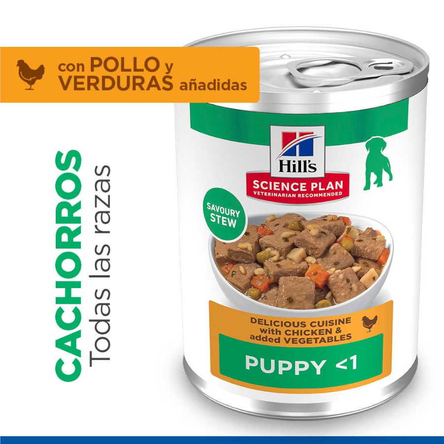 12 latas x 363 g Hill's Science Plan Puppy Estufado com frango e legumes Lata para cães Pack Poupança!