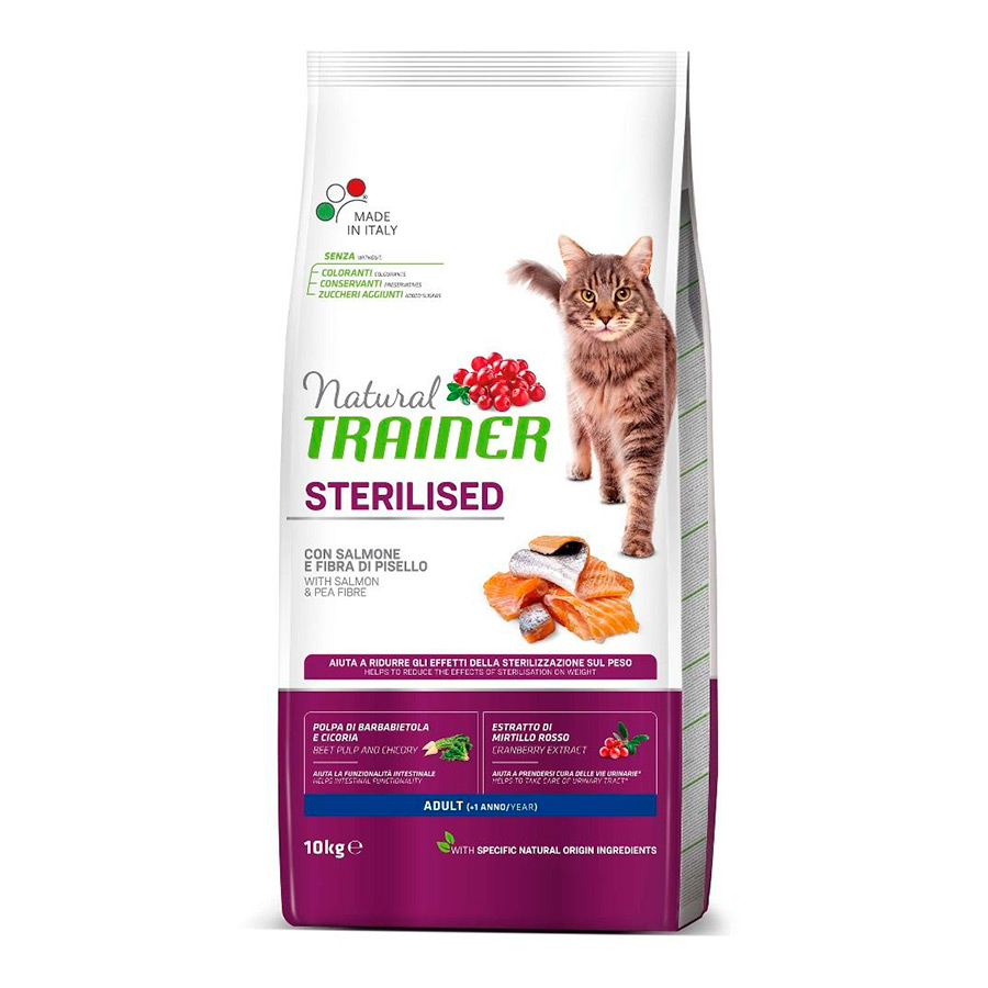 2 x 10 kg Natural Trainer Adult Sterilised Salmão ração para gatos Pack poupança!