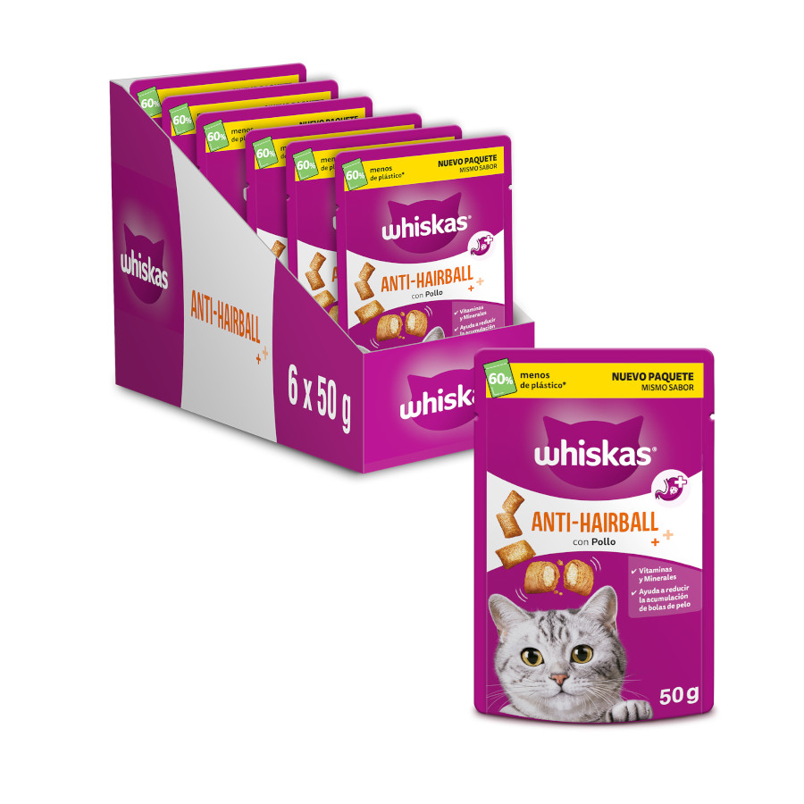 6 pacotes x 50 g Whiskas Anti-Hairball Snacks para Gatos