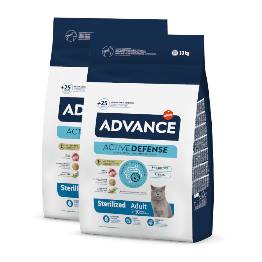 2 x 10 kg Advance Active Defense Adult Sterilized Peru e Cevada ração para gatos Pack poupança!