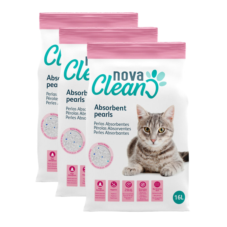 3 x 16 L Nova Clean Areia Sílica Pérolas Absorventes para gatos Pack poupança!