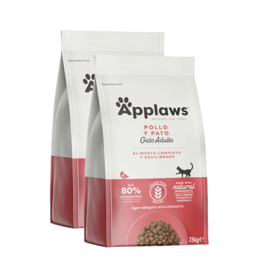 2 x 7.5 kg Applaws ração de frango e pato para gatos Pack poupança!