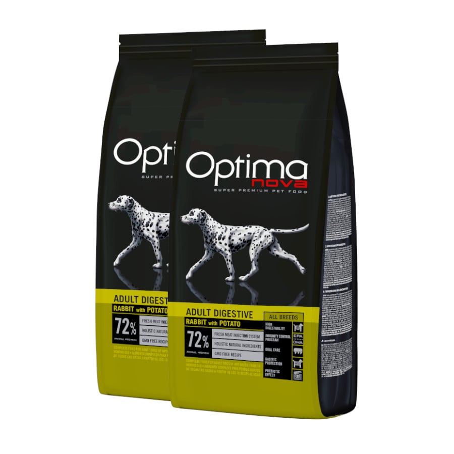 2 x 12 kg Optima Nova Adult Digestive Coelho ração para cães Pack poupança!