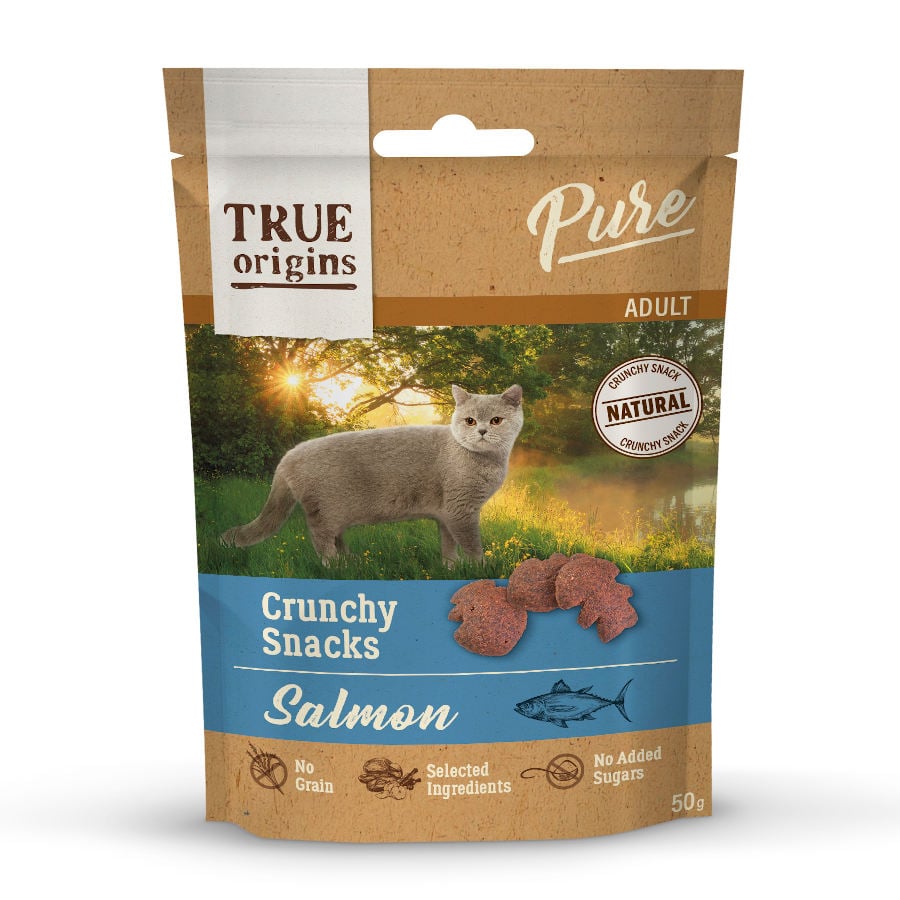 4 pacotes x 50 g True Origins Pure Snacks Adult Crunchy de Salmão para gatos Pack poupança!